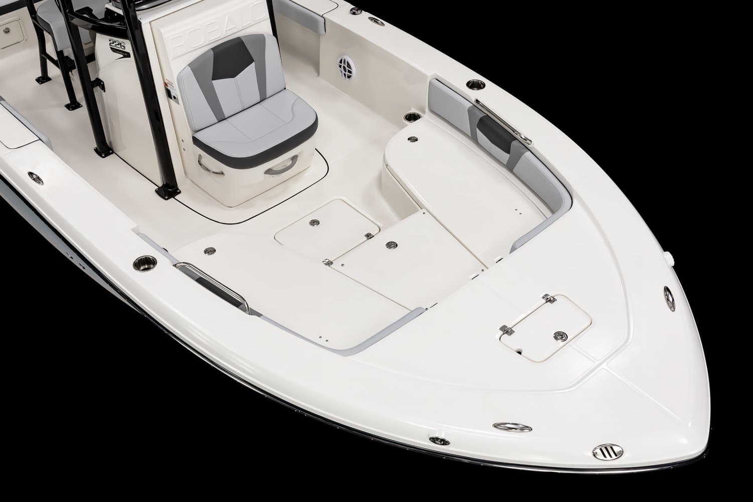 Overhead view of the Robalo 226 Cayman bow casting deck — flush deck hatches, forward storage and the center console with its flip-up seat.