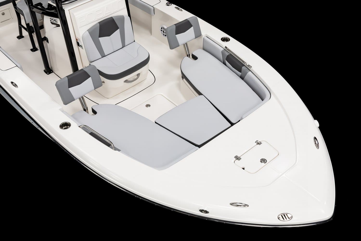 Robalo 226 Cayman bow seating configuration — casting deck filled with cushions and flip-up backrests for forward-facing lounge seating.