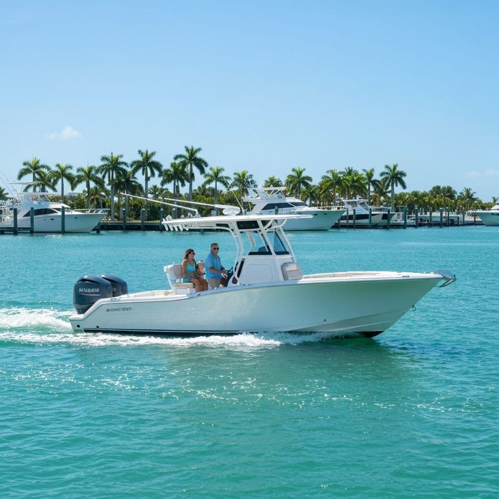 Family test-driving a boat during Fish Tale's Ride & Decide event