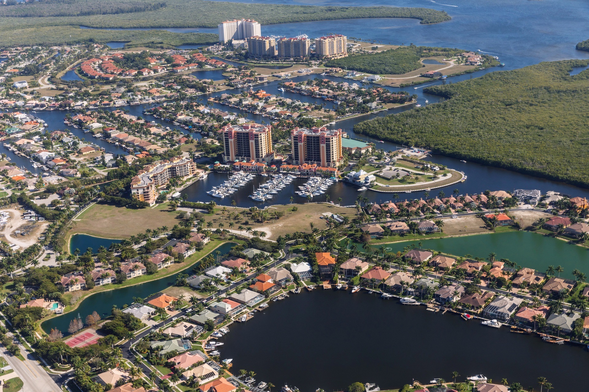 Aerial view of city and gulf Cape Coral, Florida